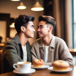 A handsome college boy and a pretty senior high student are sitting in a cozy cafe, looking at each other with love in their eyes