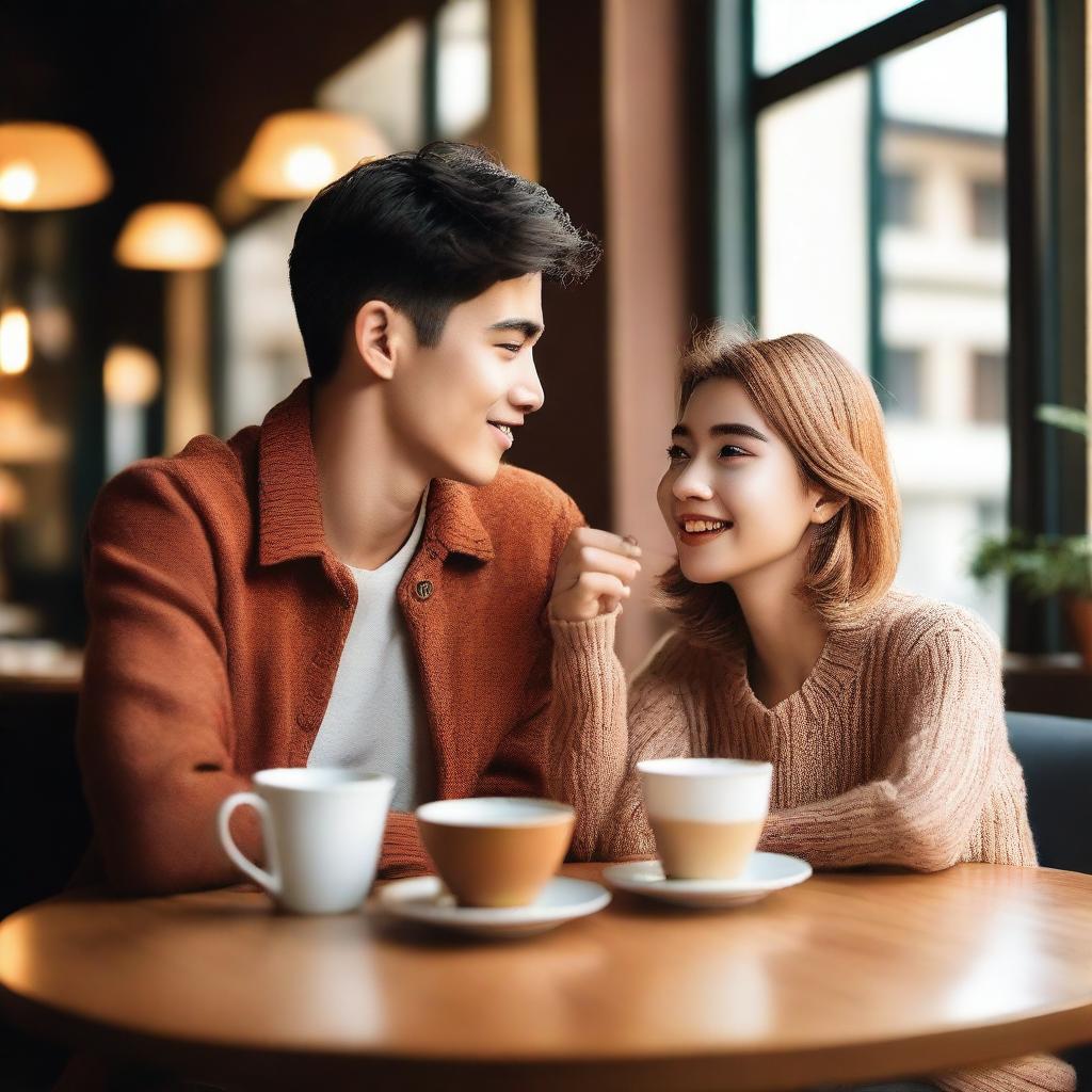 A handsome college boy and a pretty senior high student are sitting in a cozy cafe, looking at each other with love in their eyes