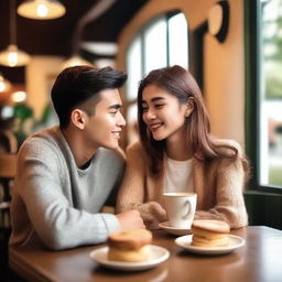 A handsome college boy and a pretty senior high student are sitting in a cozy cafe, looking at each other with love in their eyes