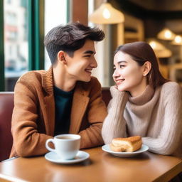 A handsome college boy and a pretty senior high student are sitting in a cozy cafe, looking at each other with love in their eyes