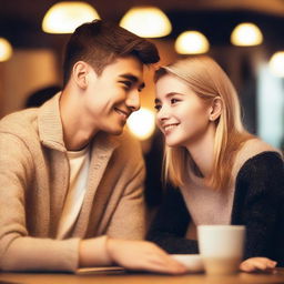 A handsome college boy and a pretty senior high student are looking at each other lovingly in a cozy cafe