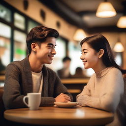 A handsome college boy and a pretty senior high student are looking at each other lovingly in a cozy cafe