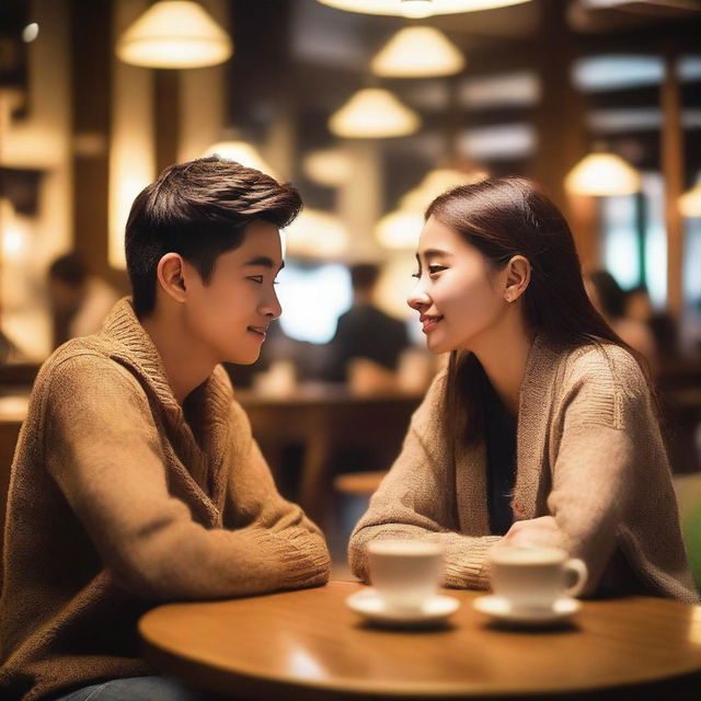 A handsome college boy and a pretty senior high student are looking at each other lovingly in a cozy cafe