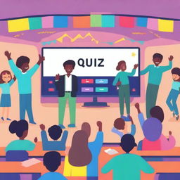 A vibrant and engaging quiz scene with a mix of diverse characters participating enthusiastically