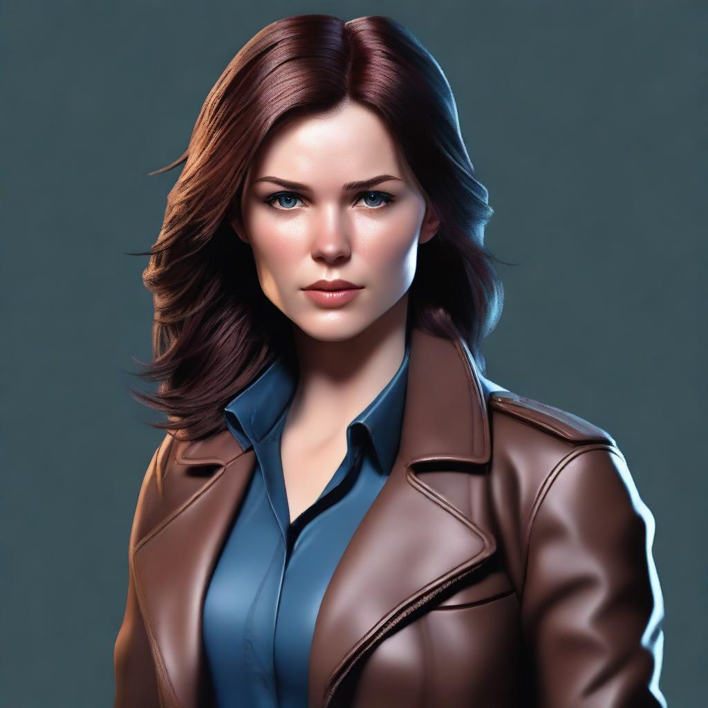 Create a realistic digital artwork of a determined female detective in her mid-20s