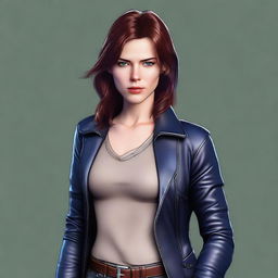 Create a realistic digital artwork of a determined female detective in her mid-20s