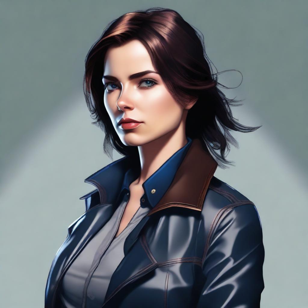 Create a realistic digital artwork of a determined female detective in her mid-20s