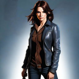 Create a realistic digital artwork of a determined female detective in her mid-20s