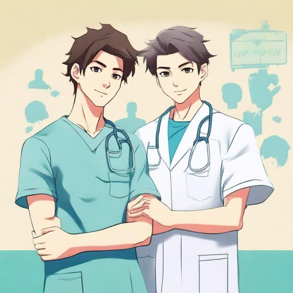 Create a book cover in anime style featuring two male nursing students