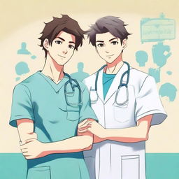 Create a book cover in anime style featuring two male nursing students