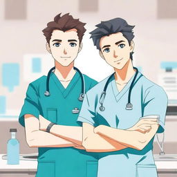 Create a book cover in anime style featuring two male nursing students