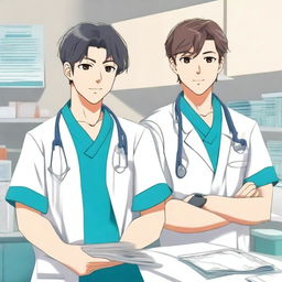 Create a book cover in anime style featuring two male nursing students