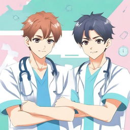 Create a book cover in anime style featuring two male nursing students