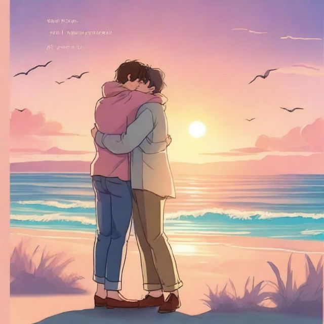 Create a book cover featuring two men hugging each other, set against a beautiful seaside backdrop with a stunning sunset