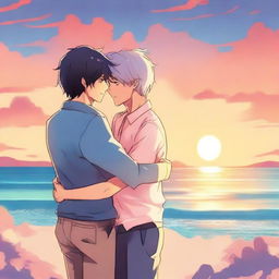 Create a book cover featuring two men hugging each other, set against a beautiful seaside backdrop with a stunning sunset