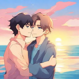 Create a book cover featuring two men hugging each other, set against a beautiful seaside backdrop with a stunning sunset