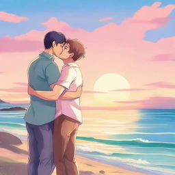 Create a book cover featuring two men hugging each other, set against a beautiful seaside backdrop with a stunning sunset