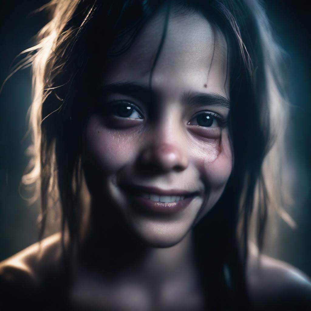 A close-up image of a girl with tears streaming down her face, yet she has a sinister smile