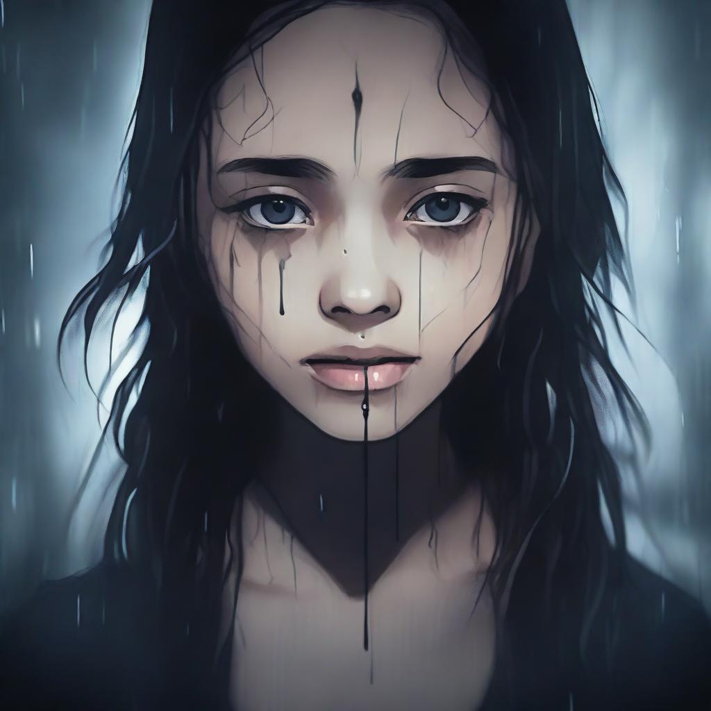 A close-up image of a girl with tears streaming down her face, yet she has a sinister smile