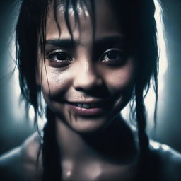 A close-up image of a girl with tears streaming down her face, yet she has a sinister smile