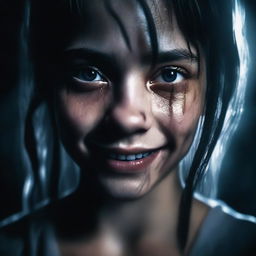 A close-up image of a girl with tears streaming down her face, yet she has a sinister smile