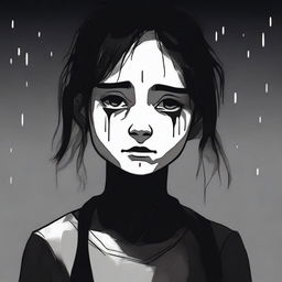 A crying lonely girl with dead eyes and a sinister smile