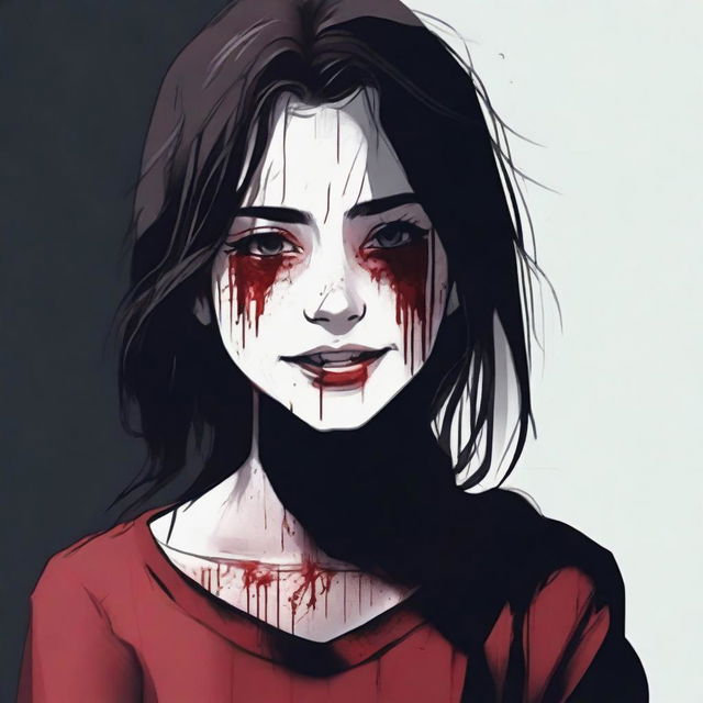 A crying girl wearing a bloody shirt hugging herself while staring coldly with a sinister smile