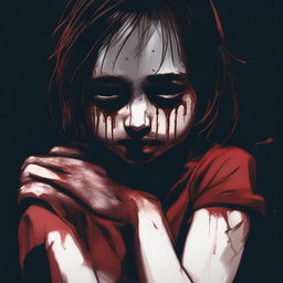 A crying girl wearing a bloody shirt hugging herself while staring coldly with a sinister smile