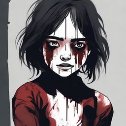 A crying girl wearing a bloody shirt hugging herself while staring coldly with a sinister smile