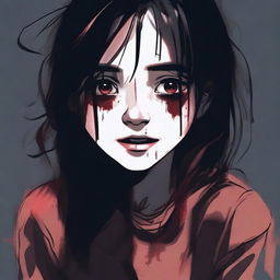 A crying girl wearing a bloody shirt hugging herself while staring coldly with a sinister smile