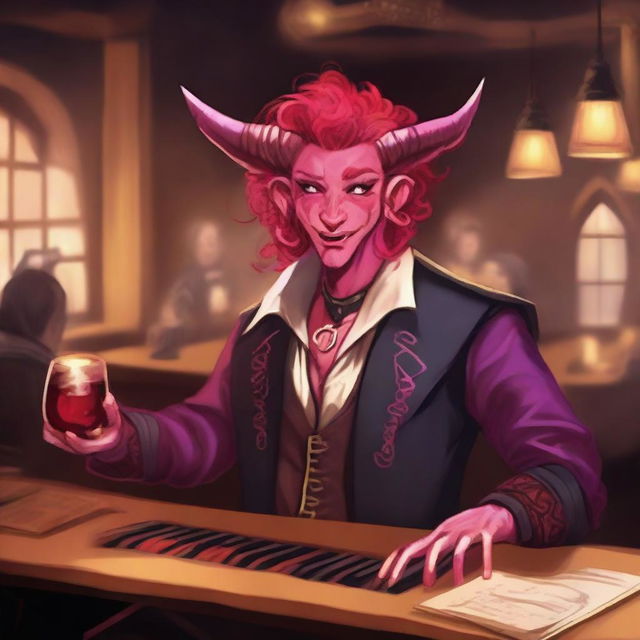 A tiefling bard with red skin and bright pink hair performing in a lively tavern