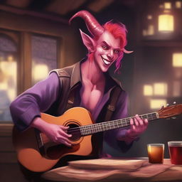 A tiefling bard with red skin and bright pink hair performing in a lively tavern