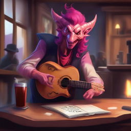 A tiefling bard with red skin and bright pink hair performing in a lively tavern