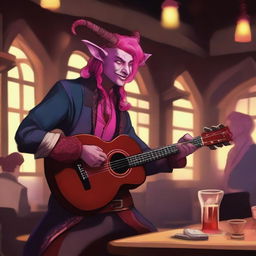 A tiefling bard with red skin and bright pink hair performing in a lively tavern