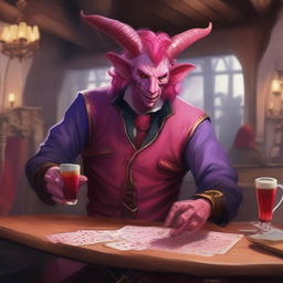 A tiefling bard with red skin and bright pink hair performing in a lively tavern