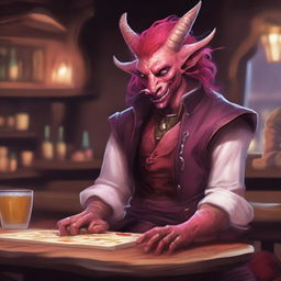 A tiefling bard with red skin and bright pink hair performing in a lively tavern