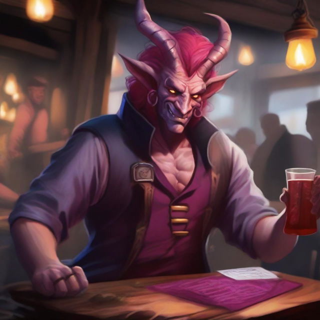 A tiefling bard with red skin and bright pink hair performing in a lively tavern