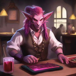 A tiefling bard with red skin and bright pink hair performing in a lively tavern