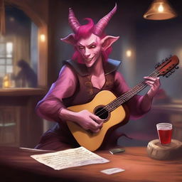 A tiefling bard with red skin and bright pink hair performing in a lively tavern