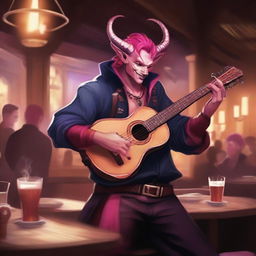 A tiefling bard with red skin and bright pink hair performing in a lively tavern