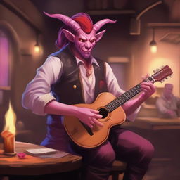 A tiefling bard with red skin and bright pink hair performing in a lively tavern