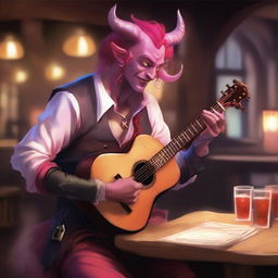 A tiefling bard with red skin and bright pink hair performing in a lively tavern