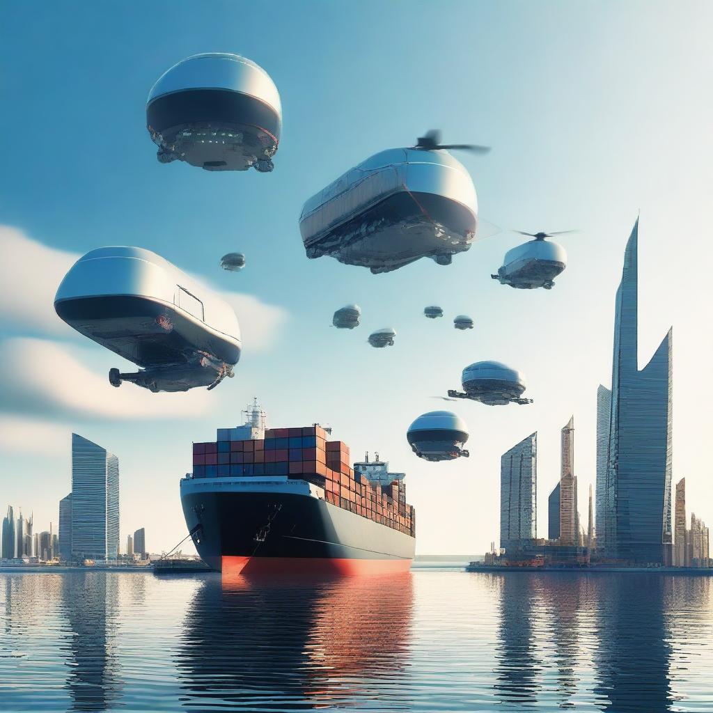 A futuristic scene depicting advanced shipping technology