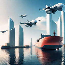 A futuristic scene depicting advanced shipping technology