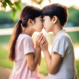 A boy and a girl gently keeping each other quiet by placing their hands on each other's lips