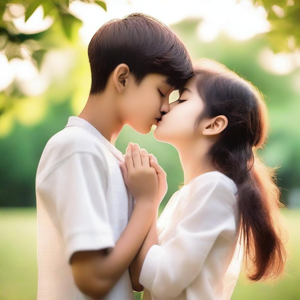 A boy and a girl gently keeping each other quiet by placing their hands on each other's lips