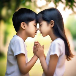 A boy and a girl gently keeping each other quiet by placing their hands on each other's lips