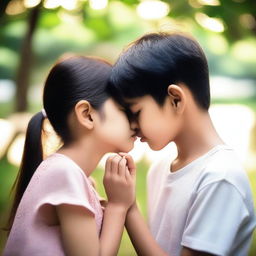 A boy and a girl gently keeping each other quiet by placing their hands on each other's lips