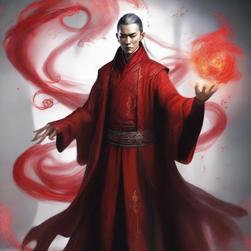 An elven sorcerer with red power flowing out from him