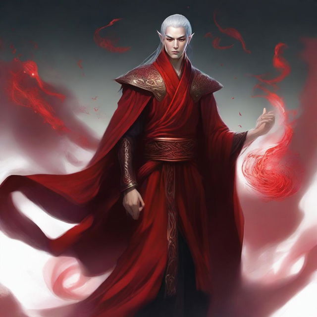 An elven sorcerer with red power flowing out from him